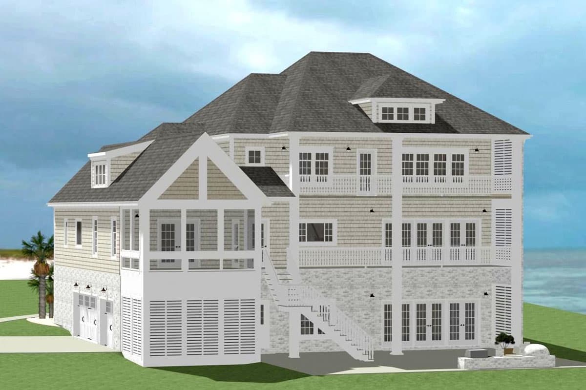 House plan exterior: multi-story coastal home with gabled entry, multiple balconies, and a screened porch with a two-car garage.