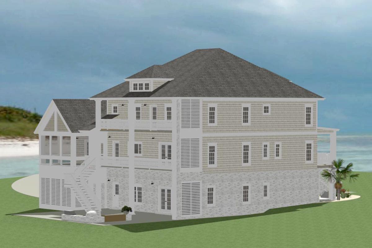 House plan exterior view of a three-story home with multiple balconies, gables, dormer windows, and stone base.