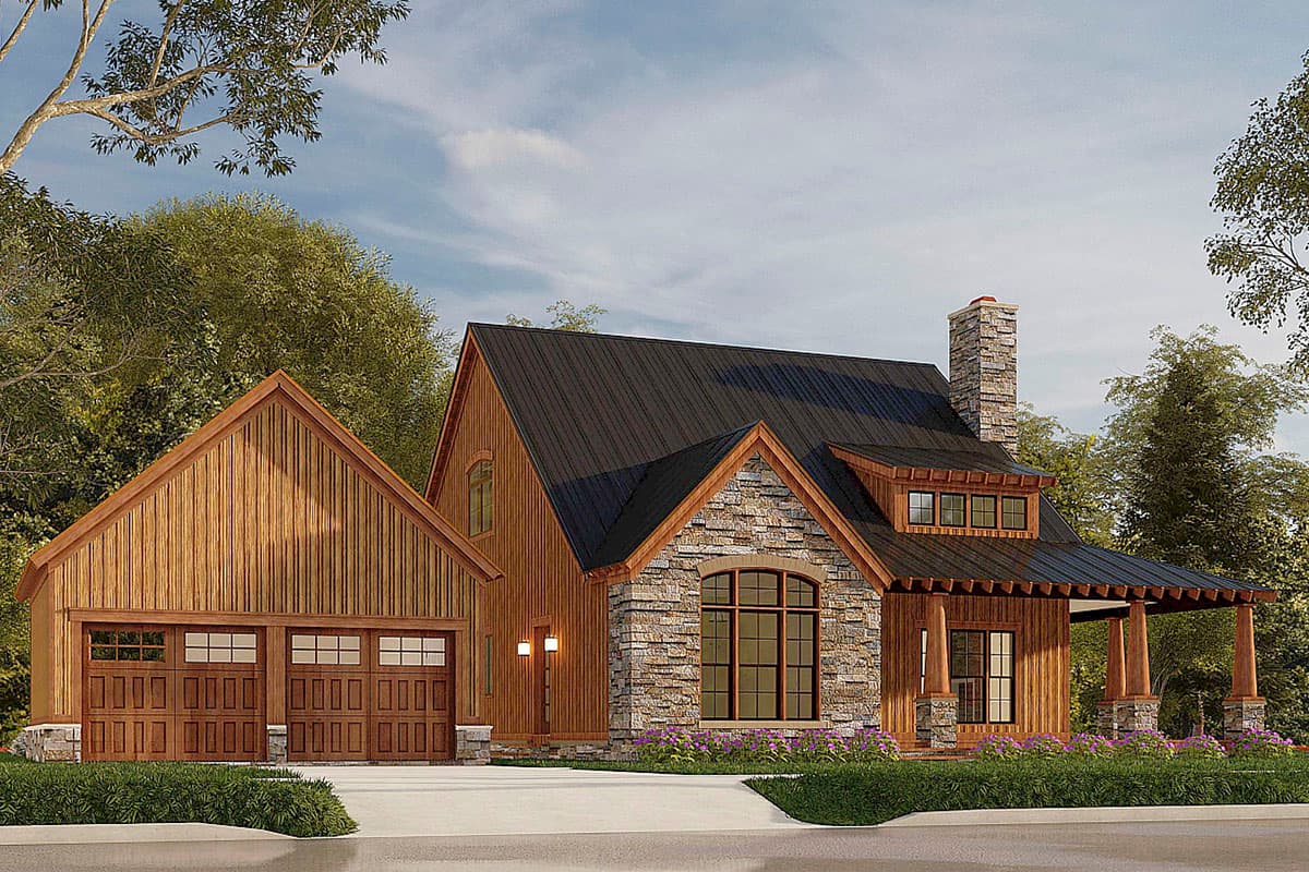 House plan exterior: Two-story dwelling with attached two-car garage, stone accents, metal roof, and covered porch.