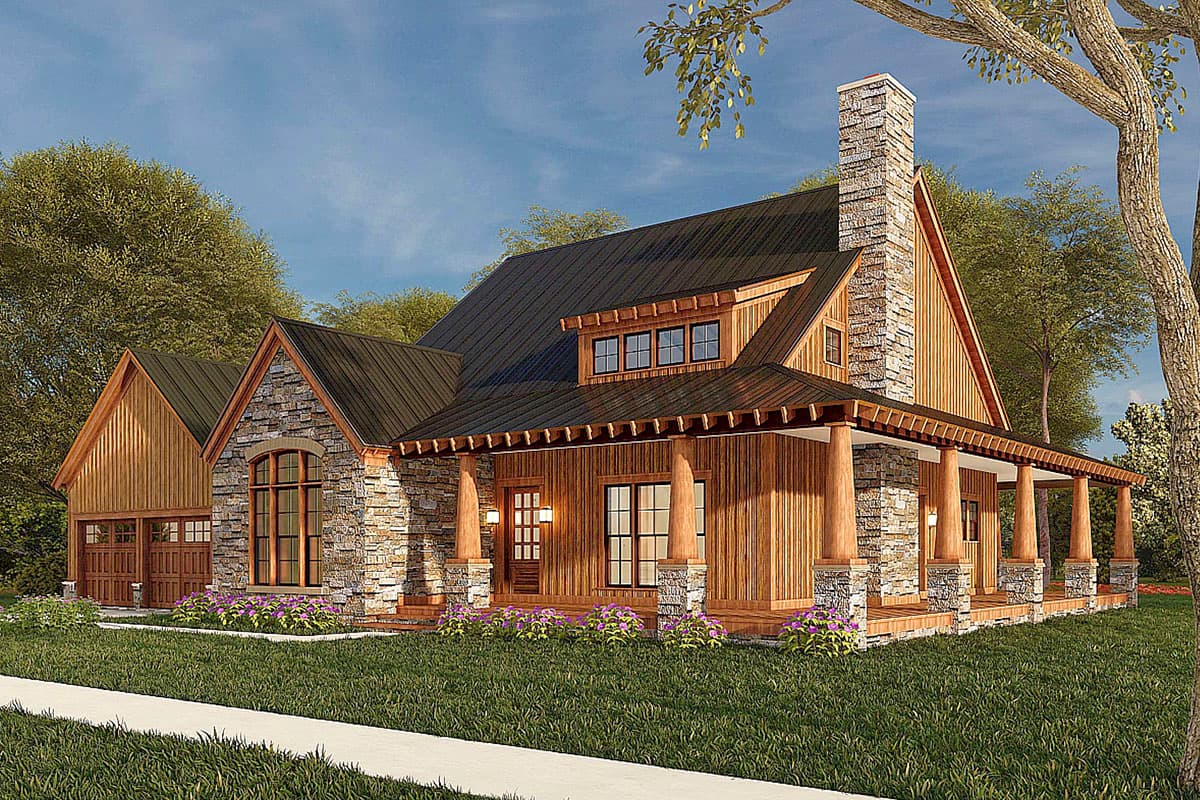 House plan exterior: Craftsman style, two stories, stone accents, deep covered porch, dormer windows, and attached garage.