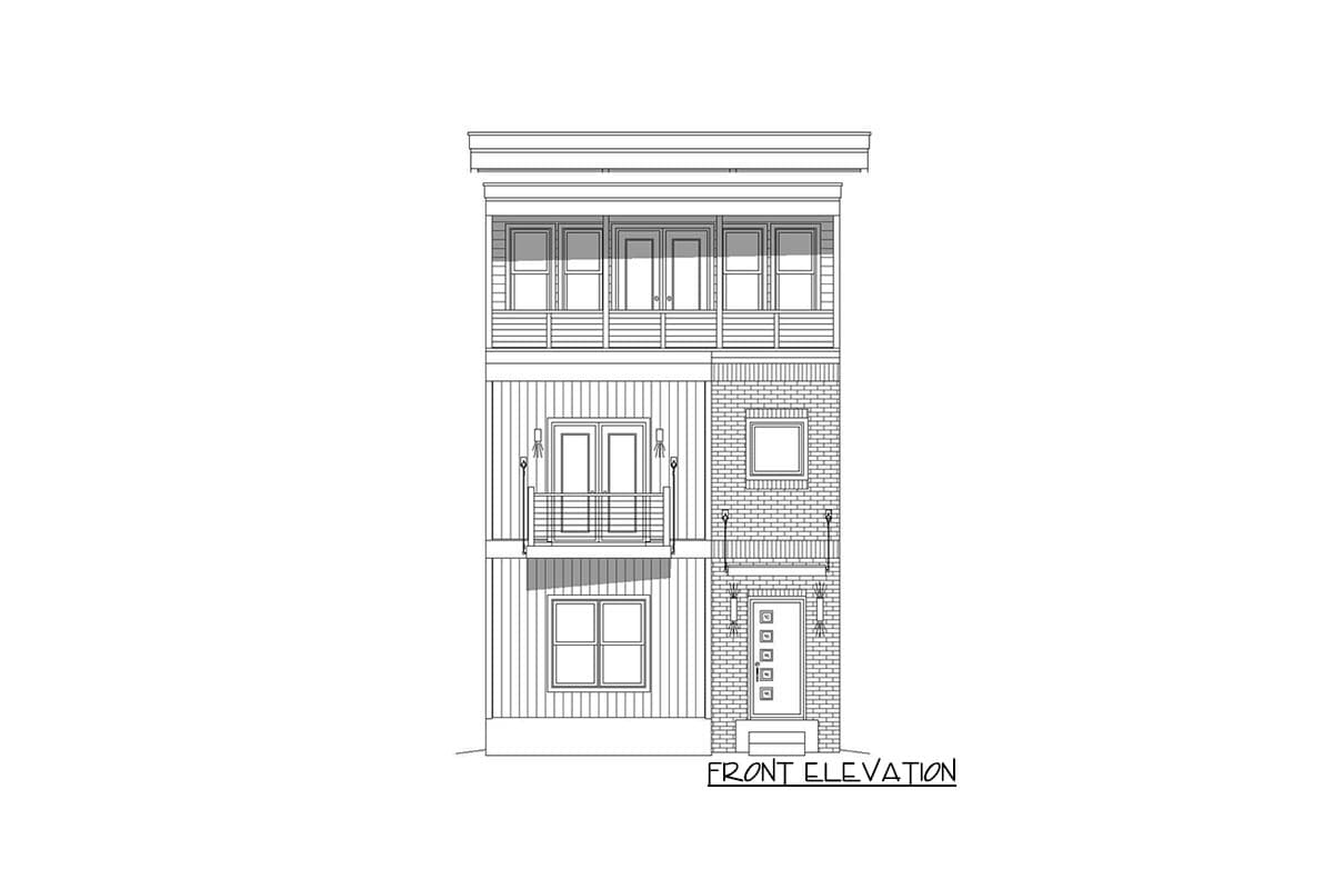 Front elevation drawing of a three-story house with a flat roof, balcony, and mixed siding and brick exterior.
