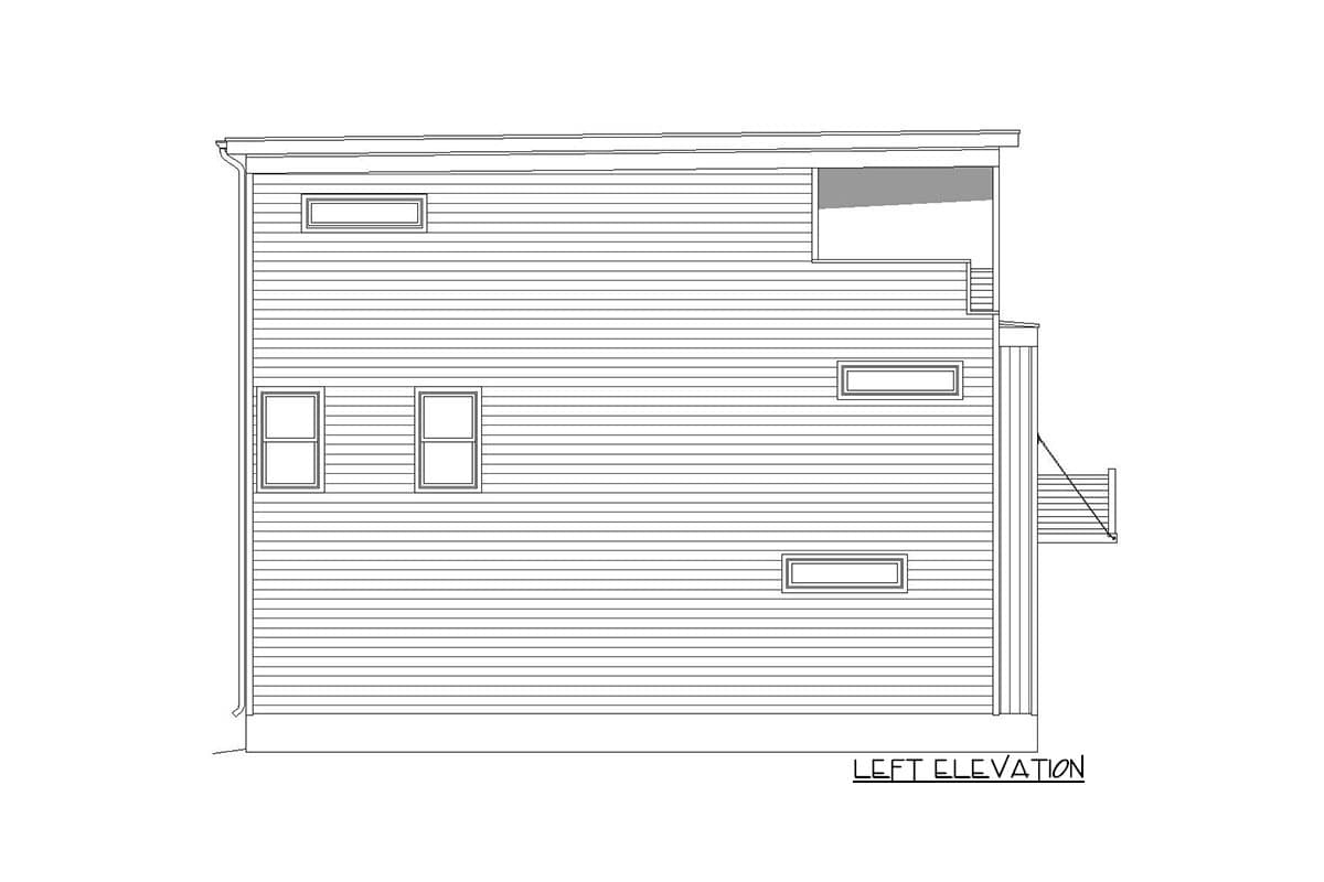 Left elevation drawing of a house plan with horizontal siding, multiple windows, and a balcony.