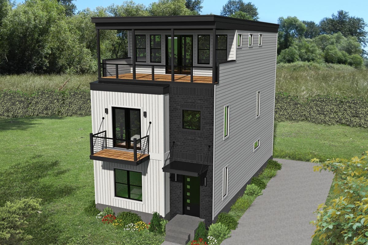 Modern house plan exterior with two stories. Features include a covered balcony, a second-story deck, and a flat roof.