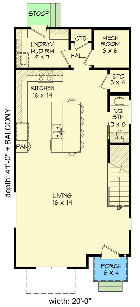 Plan 68704VR: Narrow 3-story Contemporary House Plan with Decks and Balconies - Floor Plan - Main Level