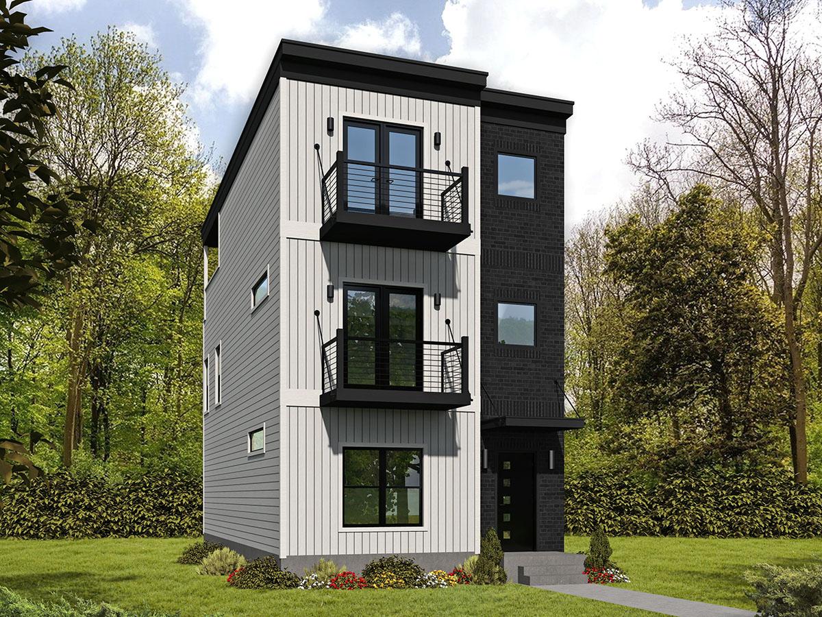 House plan exterior. Modern three-story design with contrasting siding, black brick facade, and balconies on the upper levels.