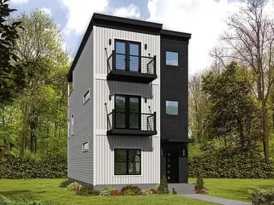 Narrow 3-story Contemporary House Plan with Decks and Balconies