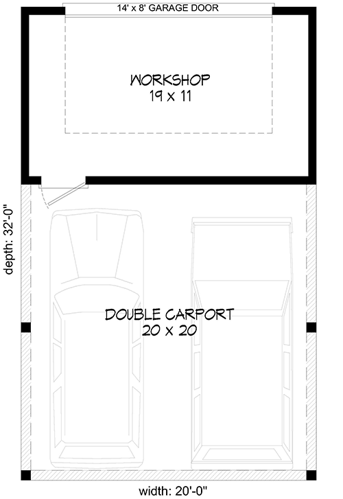 Plan 68702VR: 2-Car Carport with Workshop in Back - 400 Sq Ft - Floor Plan - Main Level - Country, Traditional