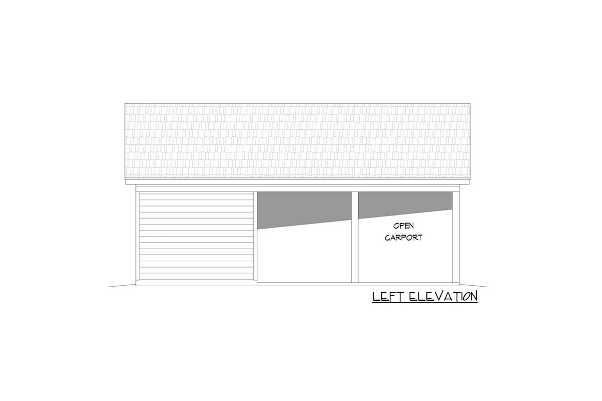 Left elevation drawing of a house plan showing horizontal siding and an open carport with two support columns.