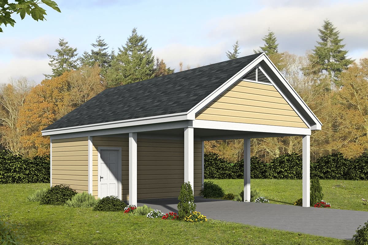 House plan exterior with carport. Gable roof, horizontal siding, and white support columns are visible. Includes a single door.