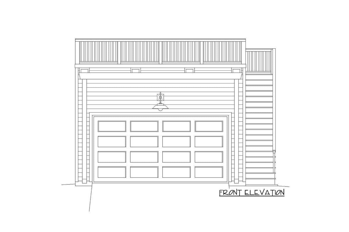 Front elevation drawing of a garage with a multi-panel door, horizontal siding, exterior light, and a deck above. Stairs visible on the right.