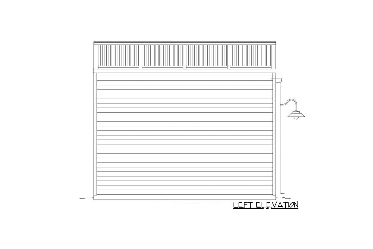 Left elevation drawing of a house with horizontal siding and a second-story railing. Includes an exterior light fixture.
