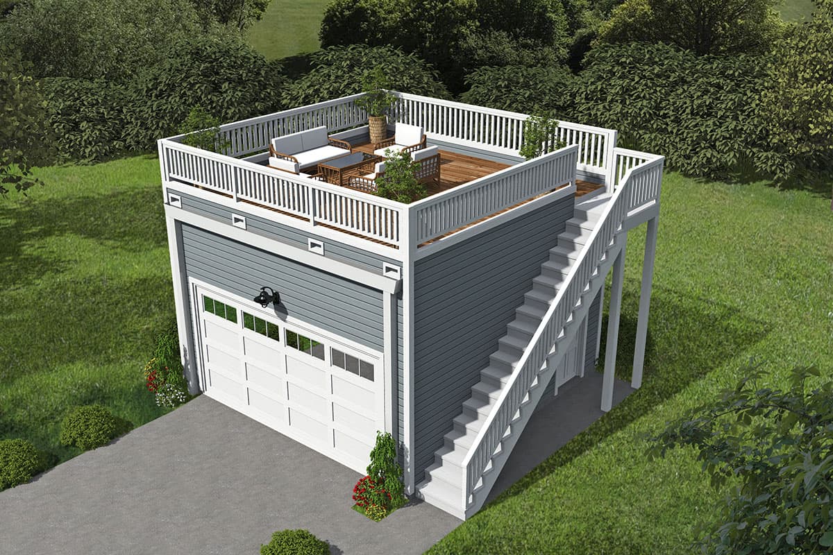 House plan exterior with two-story design. Features include a rooftop deck with railing, exterior stairs, and a garage door.