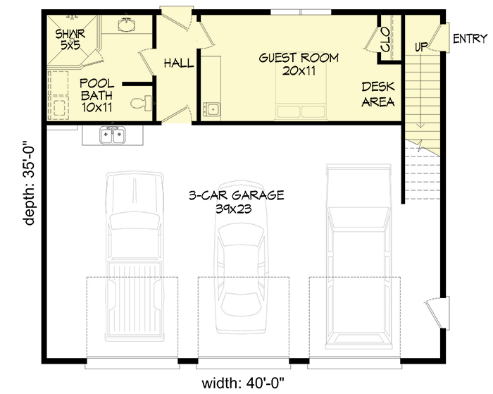 Plan 68706VR: 3-car Detached Garage Plan with Guest Room, Bath and Loft - Floor Plan - Main Level - Carriage