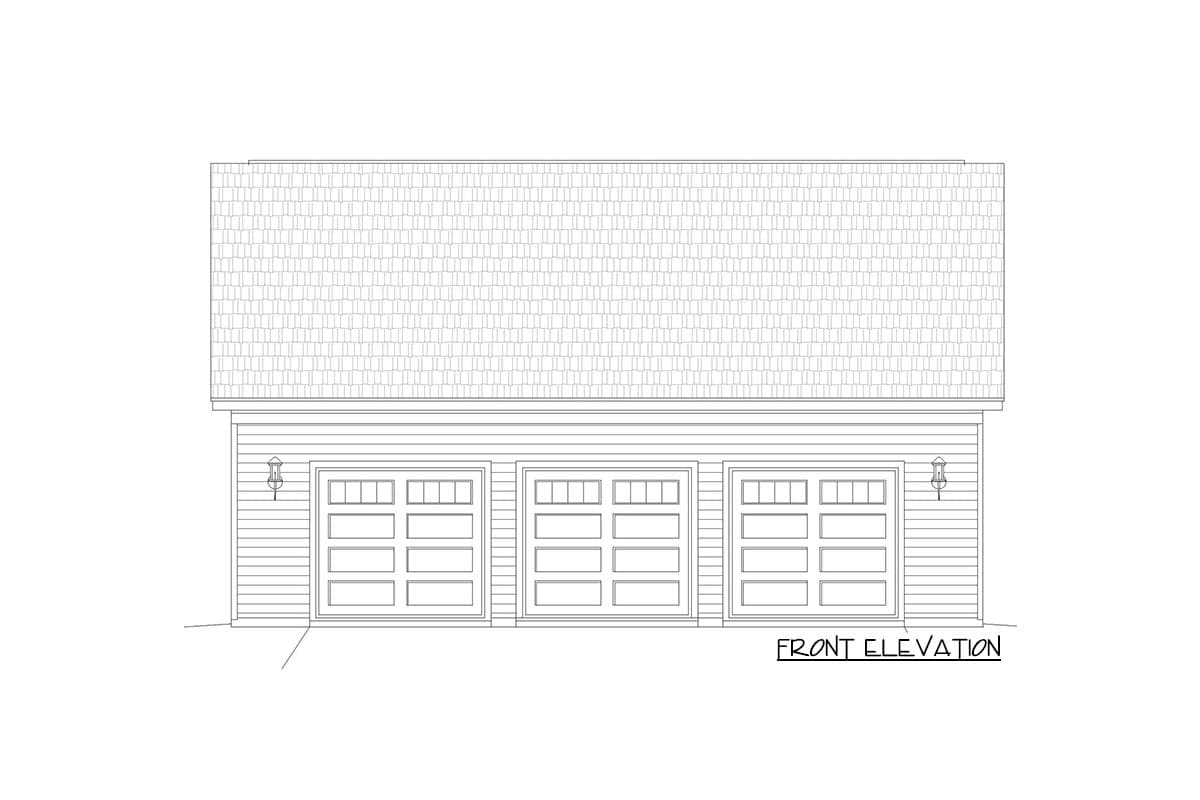 Front elevation drawing of a three-car garage with paneled doors and overhead lighting.