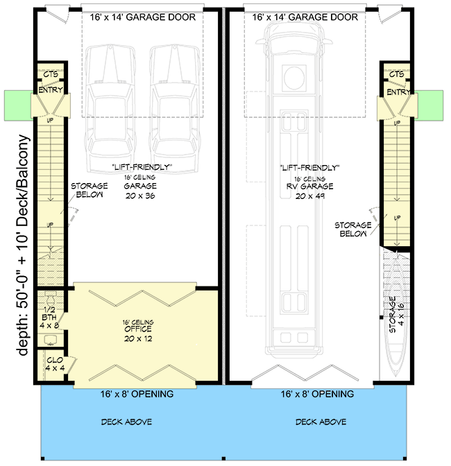 Plan 68707VR: Asymmetric Duplex House Plan with RV Parking On One Side - Floor Plan - Ground Level - Modern, Traditional