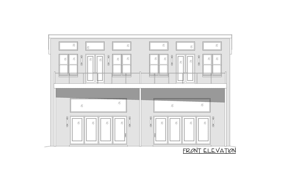 Front elevation drawing of a two-story house plan with balconies, multiple windows, and paired doors on each level.
