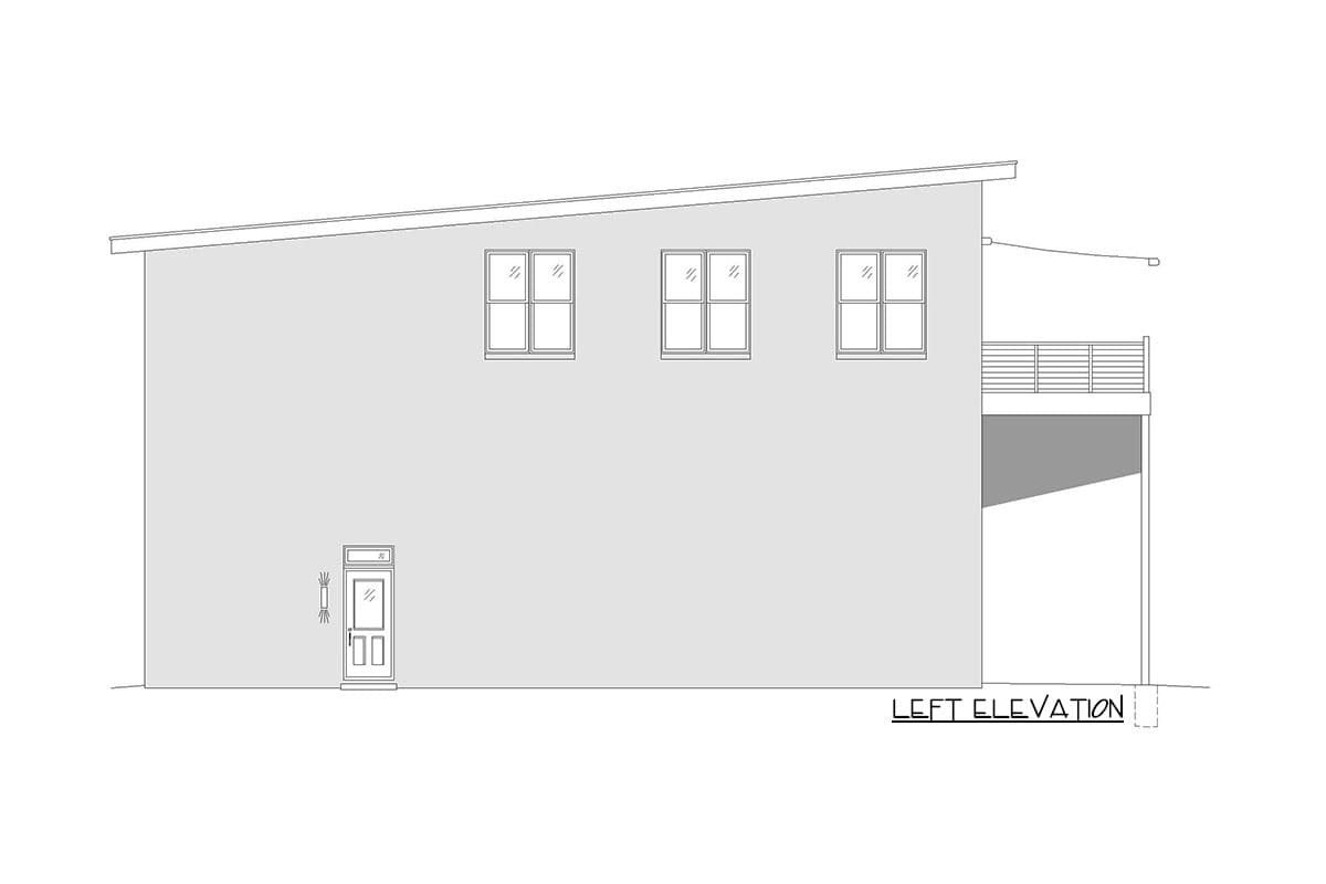 Left elevation of a house plan with a sloping roof, three upper windows, a door, and a deck with horizontal railings.