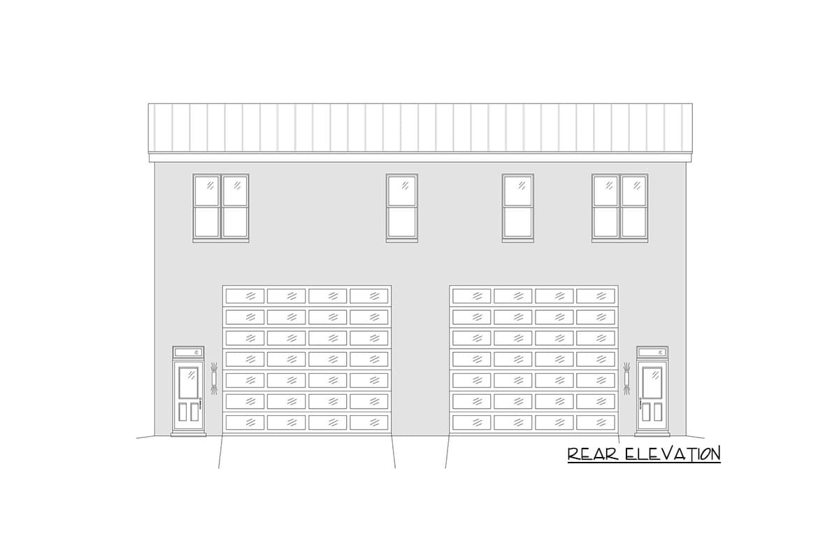 Rear elevation drawing of house with two garage bays, two doors, and four upper windows under a standing seam roof.