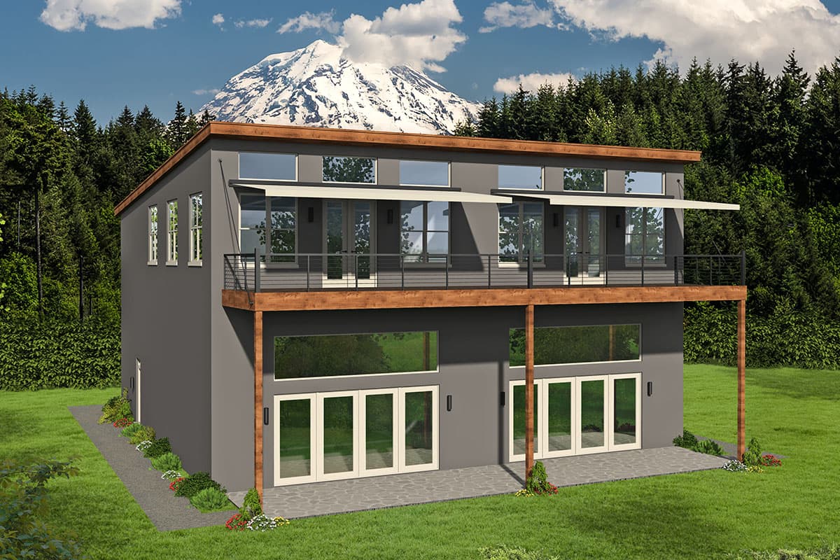 House plan exterior. Two-story modern style with flat roof and large windows. Includes a deck with metal railing and covered balcony.