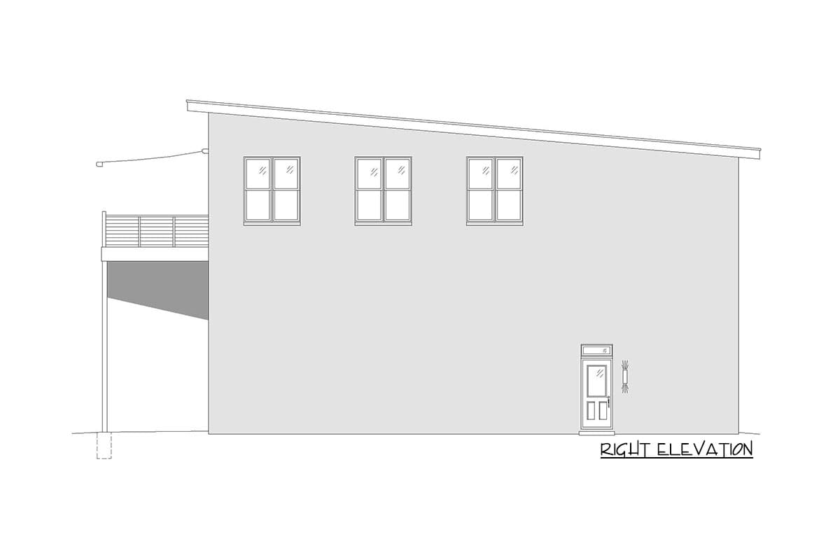 Right elevation house plan showing a modern design with a shed roof, deck, three upper windows, and a front door.