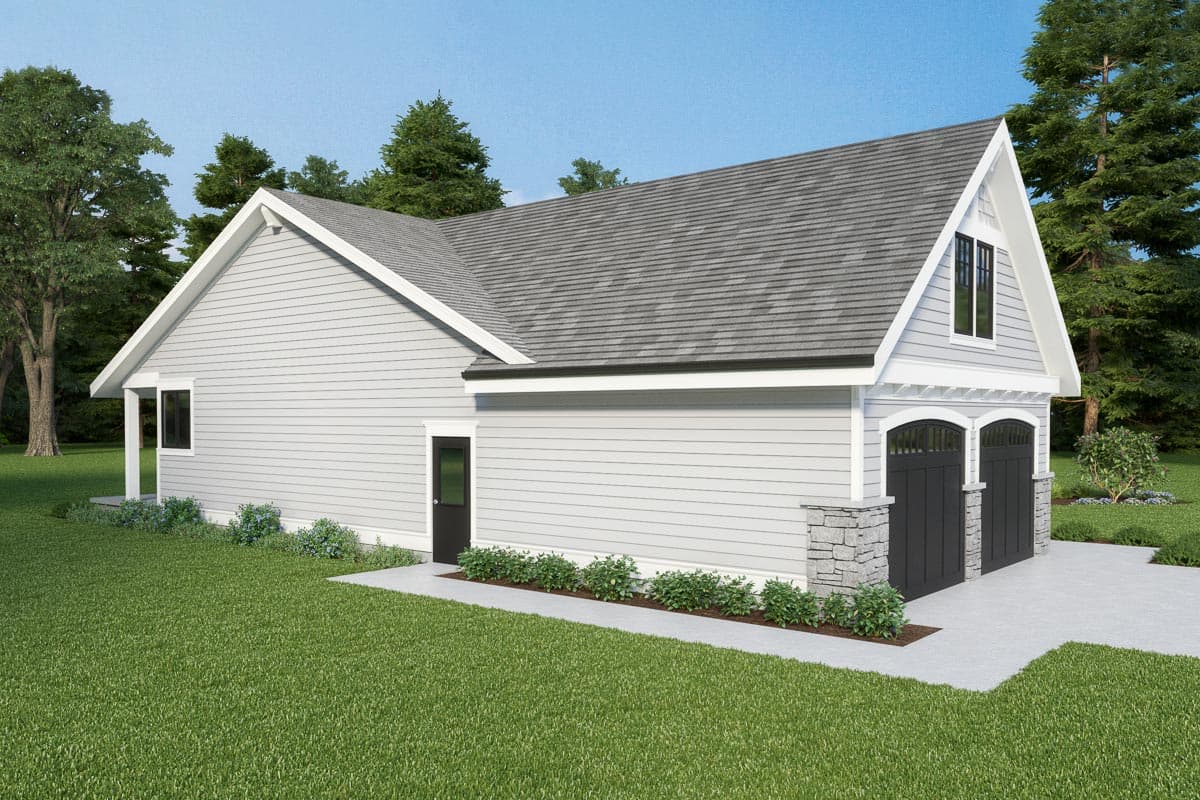 House plan exterior view: Two-story garage with gable dormer, stone-clad pillars, and arched double garage doors.