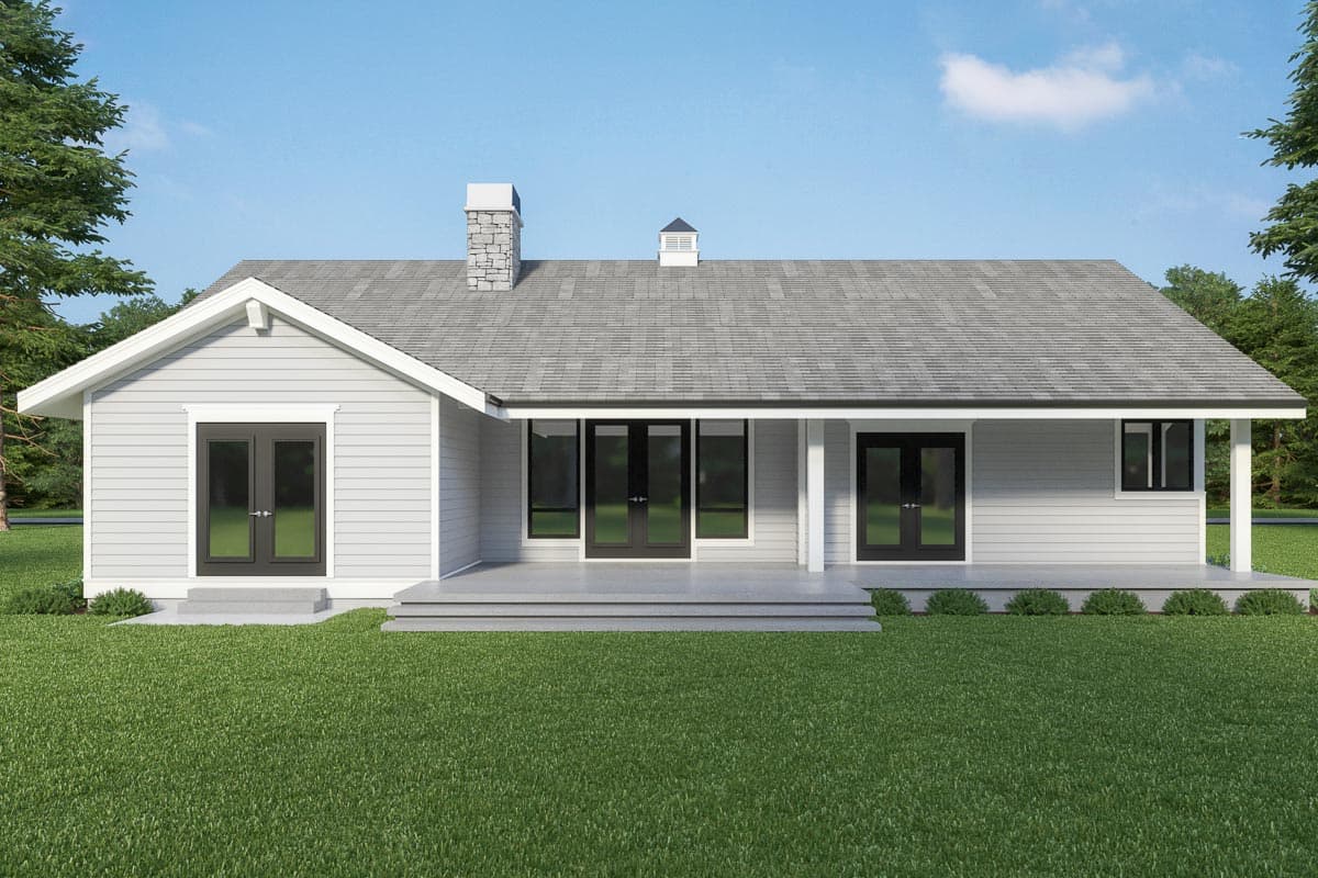 House plan exterior: Single-story Modern Farmhouse style with gabled roof, covered porch, double doors, and stone chimney.