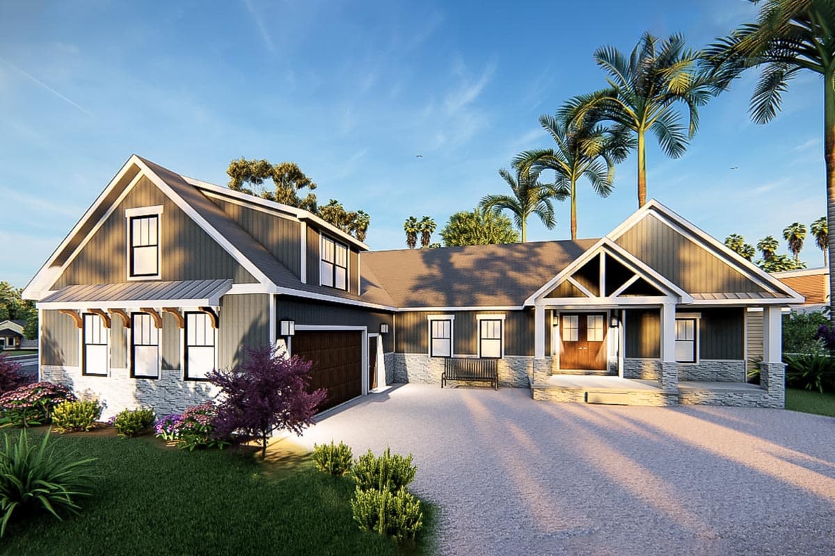 House plan exterior. Ranch style with a gabled roof, front porch, and garage. Features a mix of siding and stone veneer.