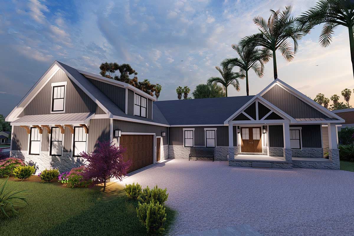 House plan exterior: Modern Farmhouse style, two stories, large gabled entrance, stone accents, and two-car garage.