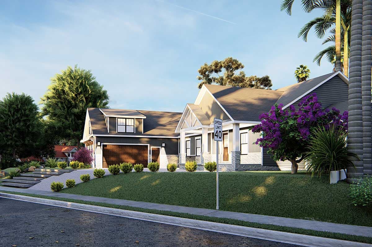 House plan exterior. Modern farmhouse style with a detached garage, gable roofline, dormer, and covered front porch.