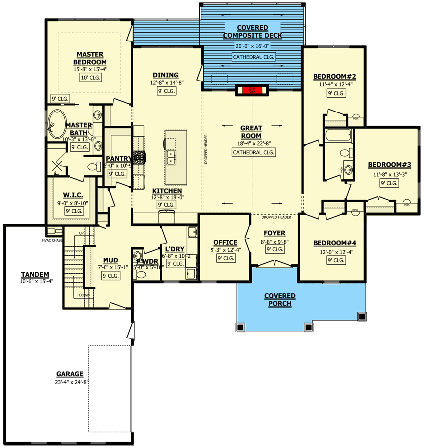 Plan 911001JVD: 4-Bed Craftsman House Plan with Bonus Over Courtyard Garage - Floor Plan - Main Level - Coastal, Craftsman, New American, Ranch