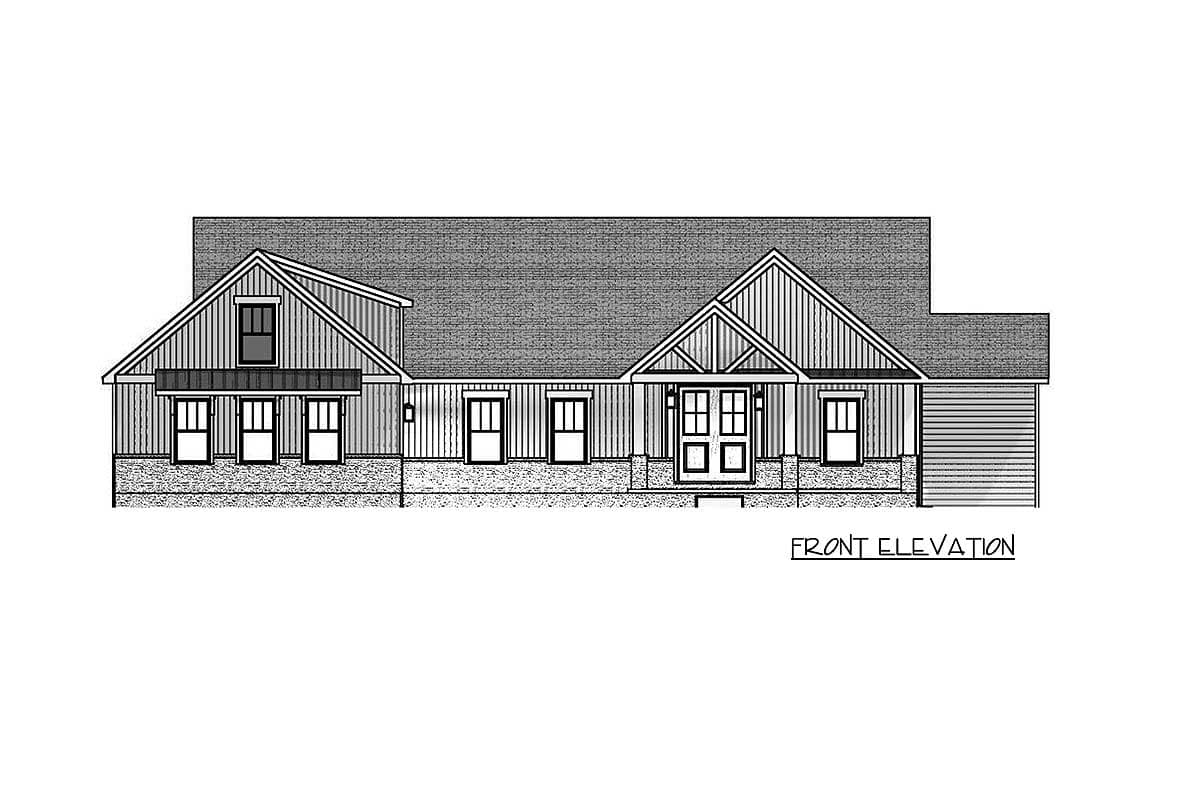 Front elevation house plan with gabled dormer, covered entry with double doors, and attached garage.