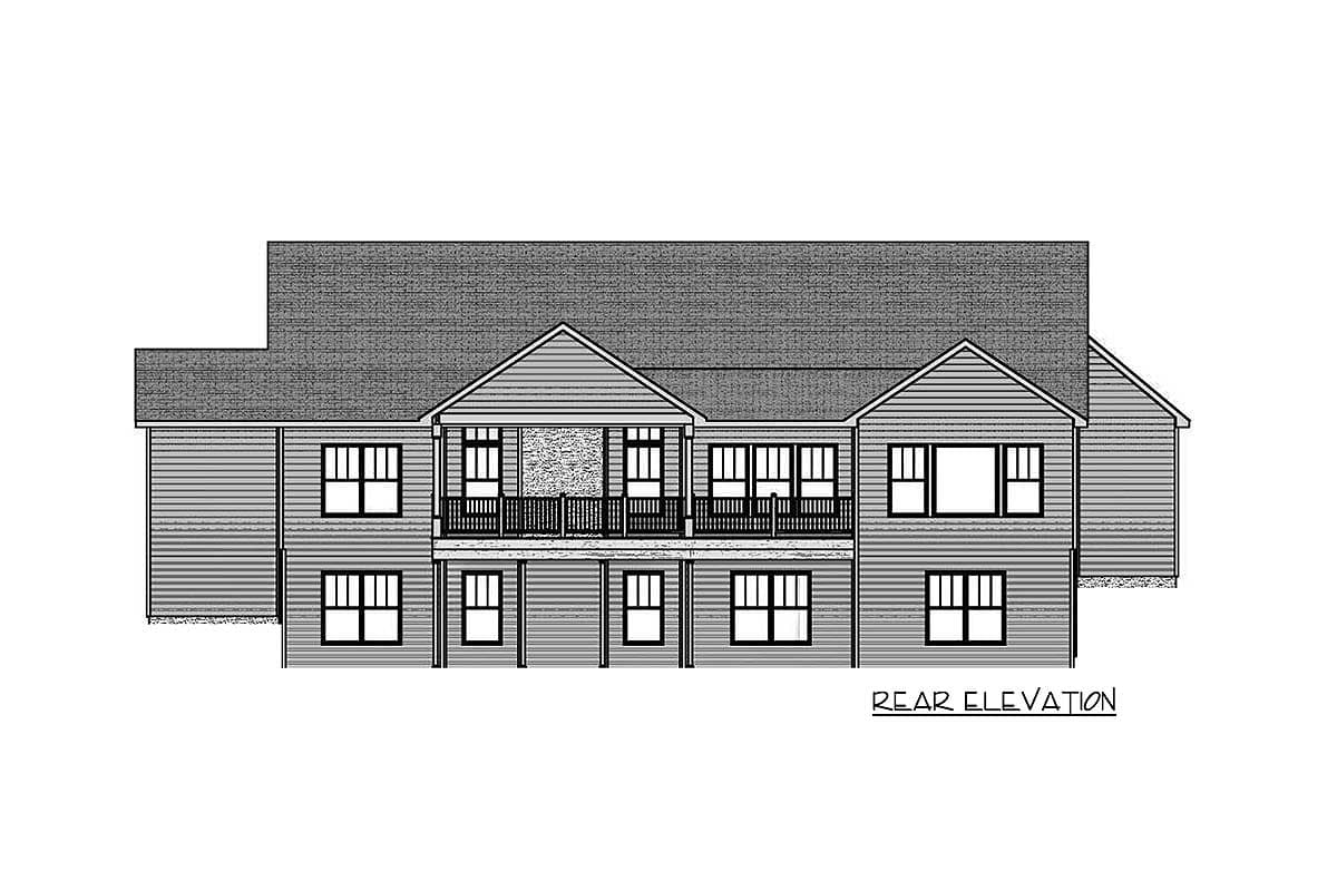 Rear elevation house plan drawing with gabled roofs, siding, and a second-story balcony.