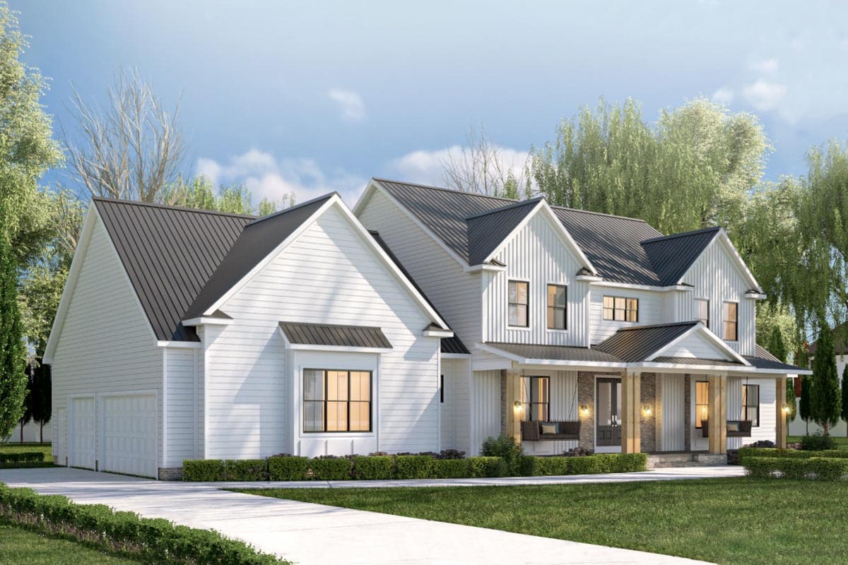 Modern Farmhouse house plan exterior with white board and batten siding, multiple gables, metal roof, and covered porch with stone accents.