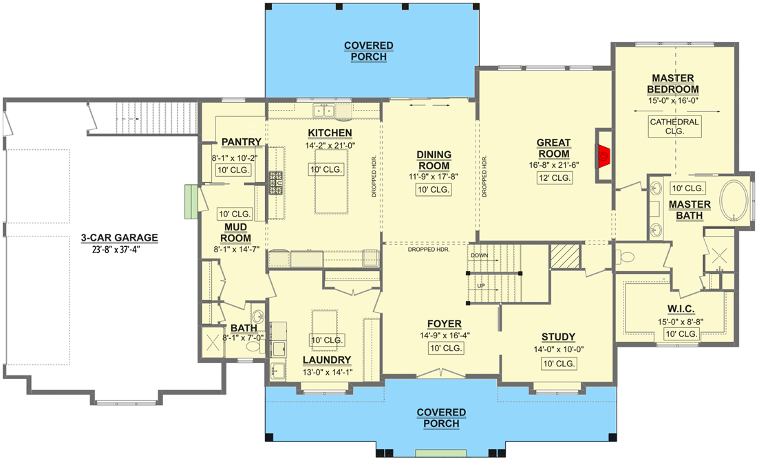 Plan 911002JVD: Modern Farmhouse Plan Under 3800 Square Feet with Massive Laundry Room - Floor Plan - Main Level - Country, Farmhouse, Modern Farmhouse, New American, Southern