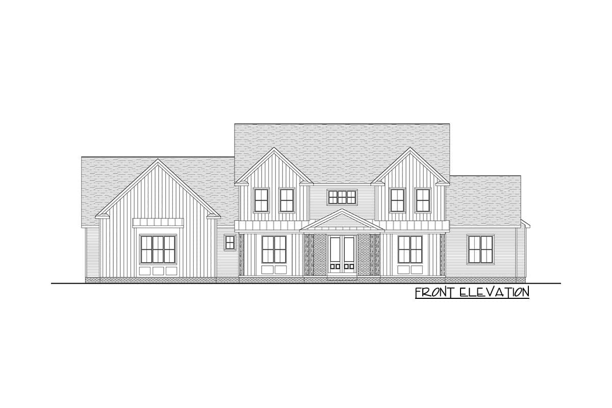 Front elevation drawing of a two-story house plan with gables, dormers, and a covered entry.