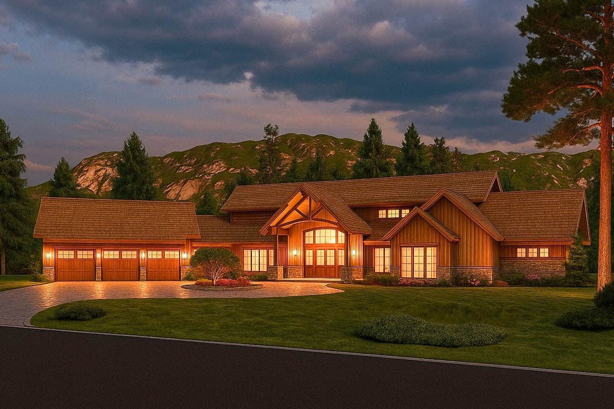 House plan exterior: Modern ranch with a prominent gabled entrance, a four-car garage, and stone accents.