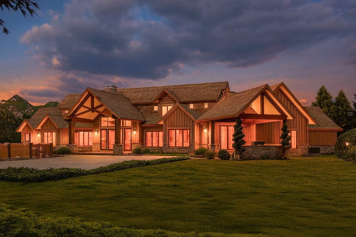 House plan exterior. Multi-story modern lodge style with wood siding, stone accents, large gabled rooflines, and covered entryways.