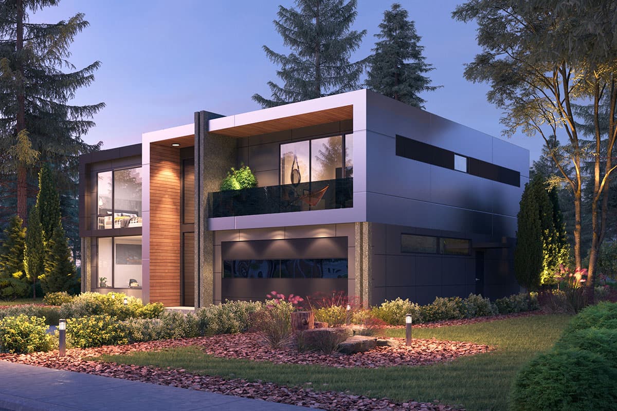 Modern two-story house plan exterior with a flat roof, large windows, balcony, and attached garage.