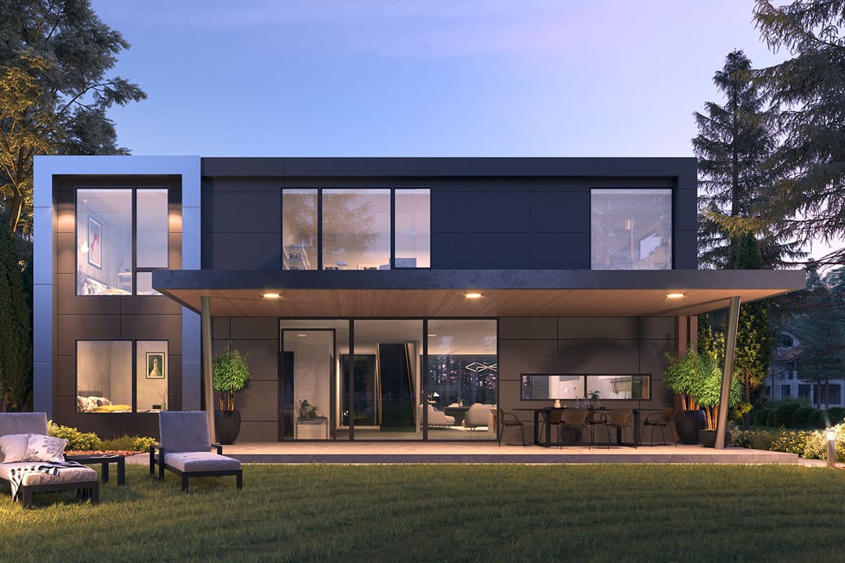 Modern two-story house plan exterior with flat roof, large windows, and covered patio.