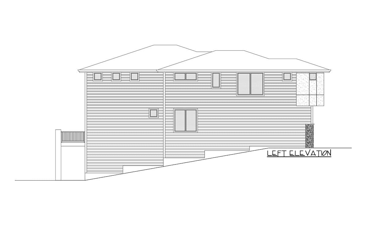 Left elevation drawing of a two-story house plan with horizontal siding, multiple windows, and a deck.