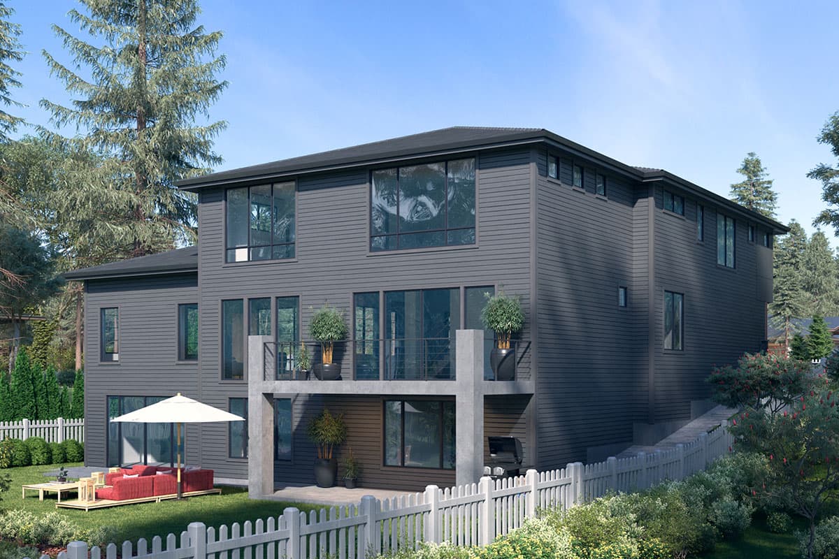 Two-story modern house plan exterior with horizontal siding, large windows, and a cantilevered balcony with concrete supports.