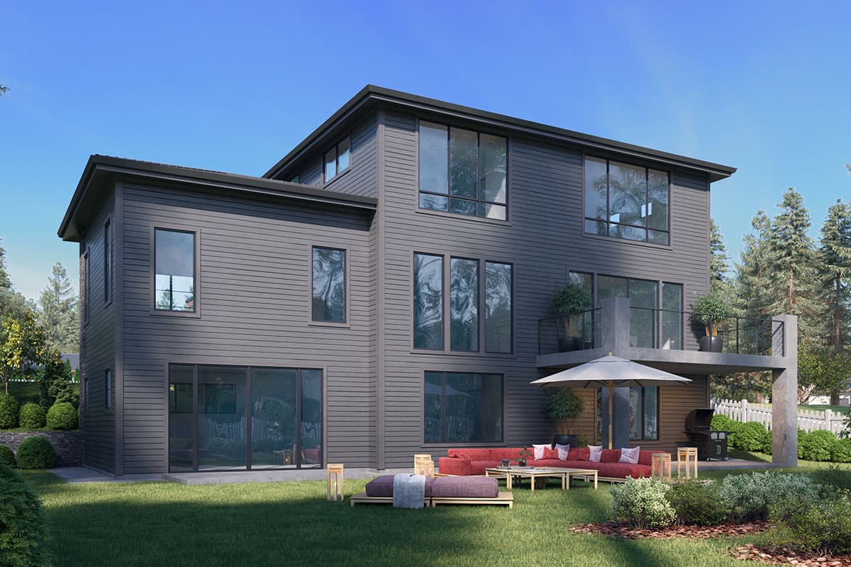 Modern two-story house plan exterior with horizontal siding, large windows, and a cantilevered balcony.