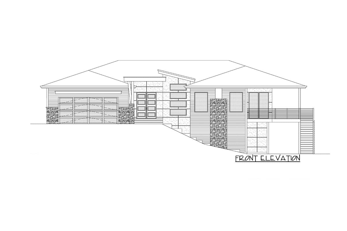 Front elevation drawing of a modern house plan with a two-car garage, large windows, and stone accents.