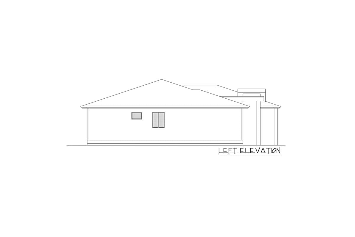 Left elevation drawing of a single-story house plan showing hip roof, two windows, and chimney.