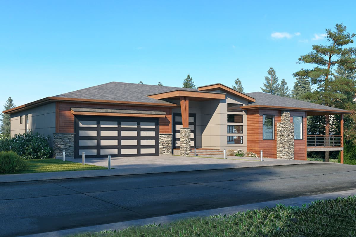 Modern house plan exterior with a 2-car garage, stone and wood siding, and a covered patio.