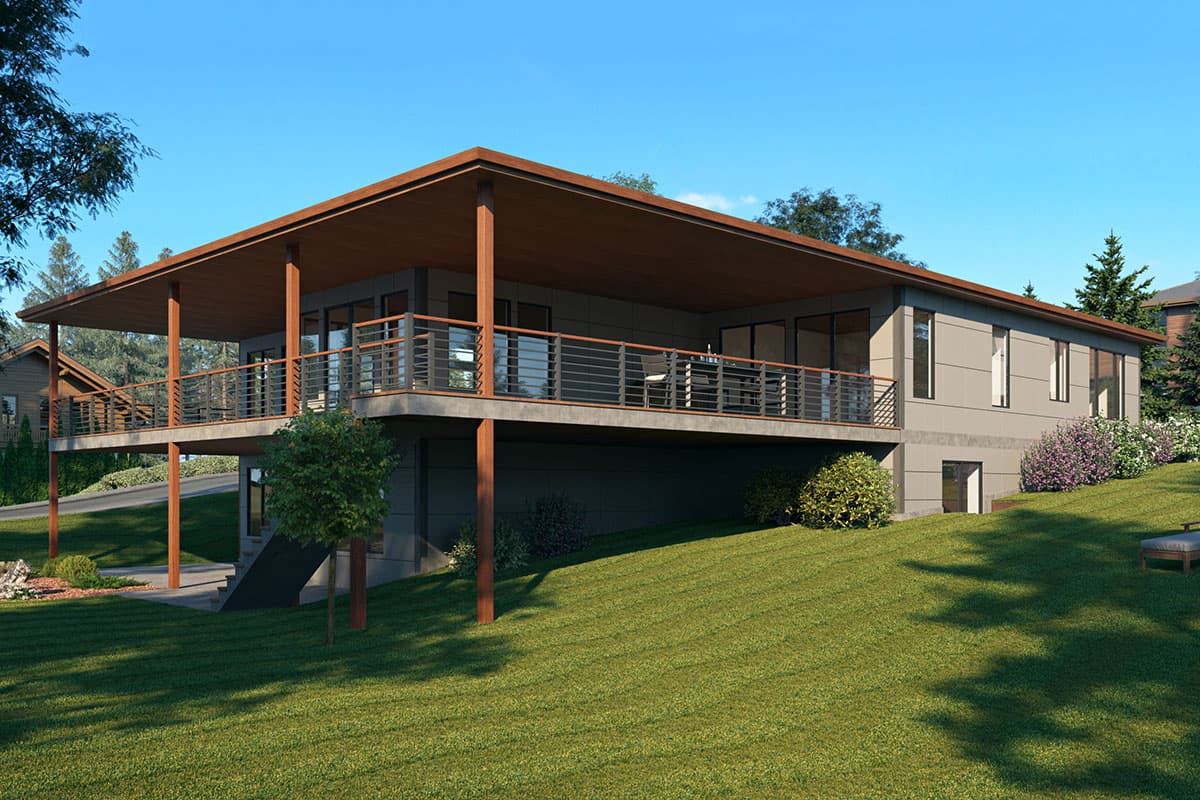 Modern house plan exterior with a wide, low-pitched roof, wrap-around deck, and multiple large windows.