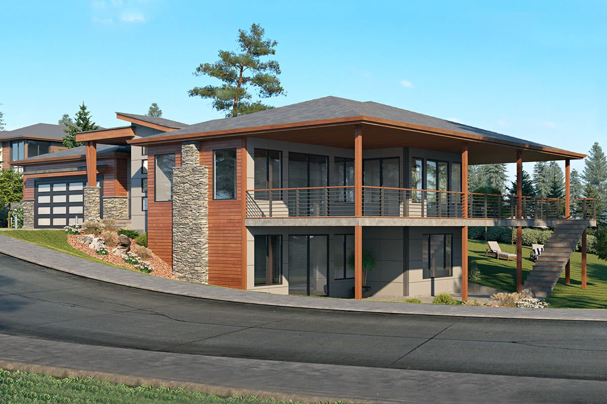 Modern house plan exterior with wood siding, stone accents, large windows, and a covered upper-level deck with railings.