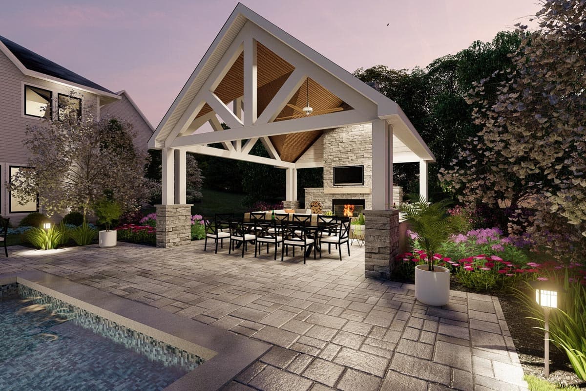 House plan exterior with outdoor living space, covered patio with fireplace, dining area, and a swimming pool.
