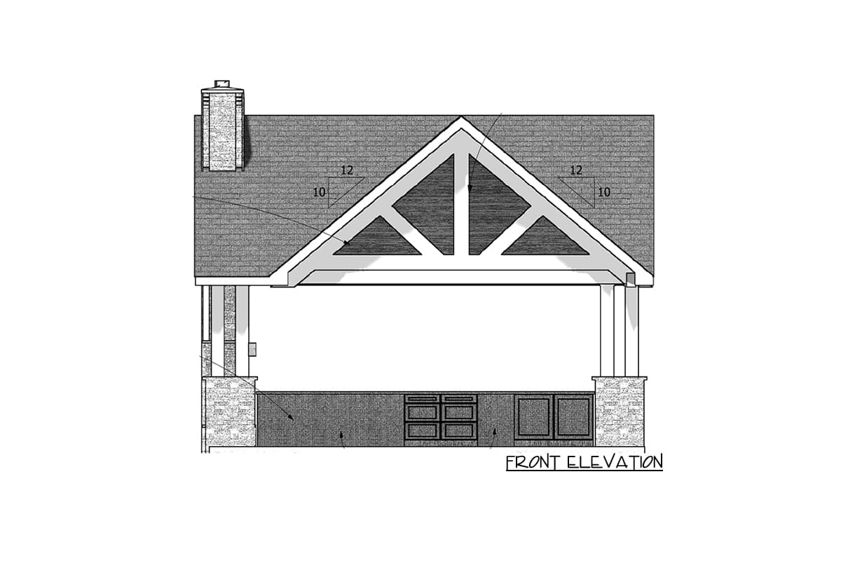 Front elevation drawing of an outdoor kitchen with a stone base, cabinetry, and a prominent gable roof with exposed trusses.