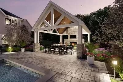 Striking Outdoor Living Room or Poolhouse Cabana with Fireplace